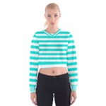 Horizontal Stripes - White and Bright Turquoise Women s Cropped Sweatshirt