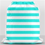 Horizontal Stripes - White and Bright Turquoise Drawstring Bag (Large)
