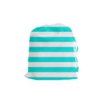 Horizontal Stripes - White and Bright Turquoise Drawstring Pouch (M)