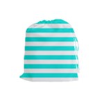 Horizontal Stripes - White and Bright Turquoise Drawstring Pouch (L)