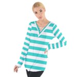 Horizontal Stripes - White and Turquoise Women s Tie Up Tee