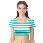 Horizontal Stripes - White and Turquoise Short Sleeve Crop Top (Tight Fit)