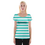 Horizontal Stripes - White and Turquoise Women s Cap Sleeve Top