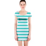 Horizontal Stripes - White and Turquoise Short Sleeve Bodycon Dress