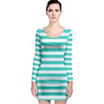 Horizontal Stripes - White and Turquoise Long Sleeve Bodycon Dress