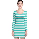 Horizontal Stripes - White and Turquoise Long Sleeve Velvet Bodycon Dress