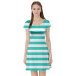 Horizontal Stripes - White and Turquoise Short Sleeve Skater Dress