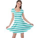 Horizontal Stripes - White and Turquoise Cap Sleeve Dress