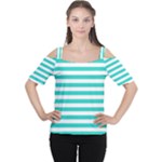 Horizontal Stripes - White and Turquoise Women s Cutout Shoulder Tee