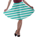 Horizontal Stripes - White and Turquoise A-line Skater Skirt