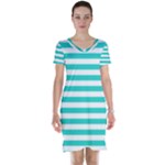 Horizontal Stripes - White and Turquoise Short Sleeve Nightdress