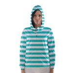 Horizontal Stripes - White and Turquoise Hooded Wind Breaker (Women)