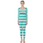 Horizontal Stripes - White and Turquoise Long Sleeve Catsuit