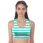 Horizontal Stripes - White and Turquoise Women s Sports Bra