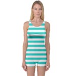 Horizontal Stripes - White and Turquoise One Piece Boyleg Swimsuit