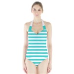 Horizontal Stripes - White and Turquoise Women s Halter One Piece Swimsuit