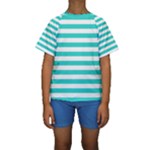 Horizontal Stripes - White and Turquoise Kid s Short Sleeve Swimwear