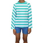 Horizontal Stripes - White and Turquoise Kid s Long Sleeve Swimwear