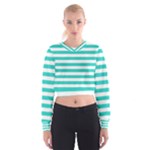 Horizontal Stripes - White and Turquoise Women s Cropped Sweatshirt