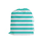Horizontal Stripes - White and Turquoise Drawstring Pouch (L)