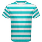 Horizontal Stripes - White and Cyan Men s Cotton Tee