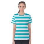 Horizontal Stripes - White and Cyan Women s Cotton Tee