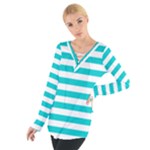 Horizontal Stripes - White and Cyan Women s Tie Up Tee