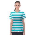 Horizontal Stripes - White and Cyan Women s Sport Mesh Tee