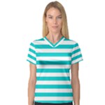 Horizontal Stripes - White and Cyan Women s V-Neck Sport Mesh Tee