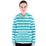 Horizontal Stripes - White and Cyan Women s Zipper Hoodie