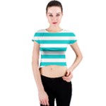 Horizontal Stripes - White and Cyan Crew Neck Crop Top