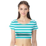 Horizontal Stripes - White and Cyan Short Sleeve Crop Top (Tight Fit)