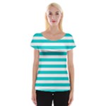 Horizontal Stripes - White and Cyan Women s Cap Sleeve Top