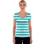 Horizontal Stripes - White and Cyan Women s V-Neck Cap Sleeve Top