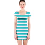 Horizontal Stripes - White and Cyan Short Sleeve Bodycon Dress