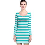 Horizontal Stripes - White and Cyan Long Sleeve Velvet Bodycon Dress