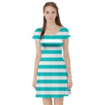 Horizontal Stripes - White and Cyan Short Sleeve Skater Dress