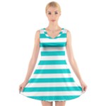 Horizontal Stripes - White and Cyan V-Neck Sleeveless Dress