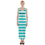Horizontal Stripes - White and Cyan Fitted Maxi Dress