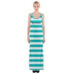 Horizontal Stripes - White and Cyan Maxi Thigh Split Dress