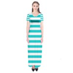 Horizontal Stripes - White and Cyan Short Sleeve Maxi Dress