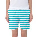 Horizontal Stripes - White and Cyan Women s Basketball Shorts
