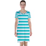 Horizontal Stripes - White and Cyan Short Sleeve Nightdress