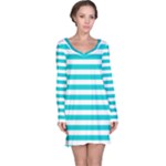 Horizontal Stripes - White and Cyan Long Sleeve Nightdress