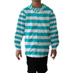 Horizontal Stripes - White and Cyan Hooded Wind Breaker (Kids)