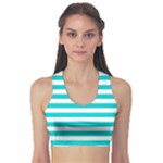 Horizontal Stripes - White and Cyan Women s Sports Bra