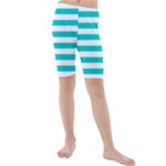 Horizontal Stripes - White and Cyan Kid s Mid Length Swim Shorts