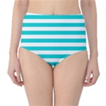 Horizontal Stripes - White and Cyan High-Waist Bikini Bottoms