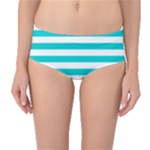 Horizontal Stripes - White and Cyan Mid-Waist Bikini Bottoms