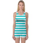 Horizontal Stripes - White and Cyan One Piece Boyleg Swimsuit